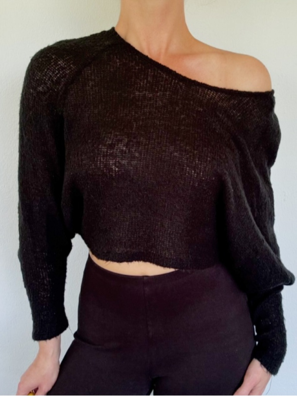 TOBI black loose fit off-shoulder semi-sheer knit cropped sweater top size small
